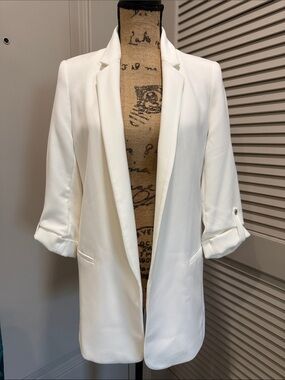 Zara Ivory Cream Open Front Tailored Longline Blazer XS 3/4 Sleeve NWOT
